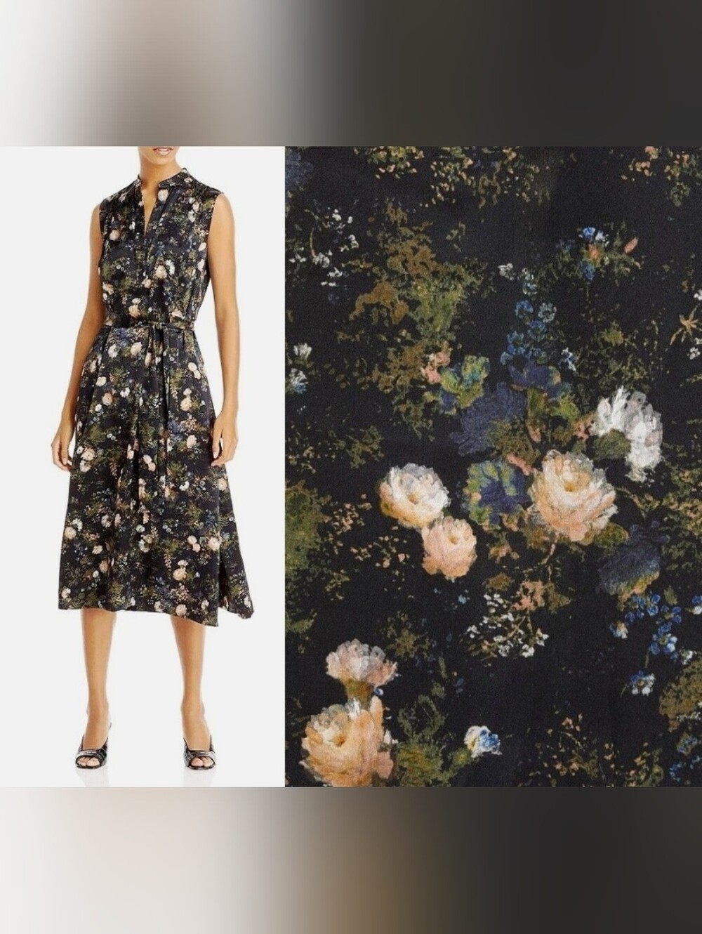 Vince Black Floral Tie-Waist Midi Dress